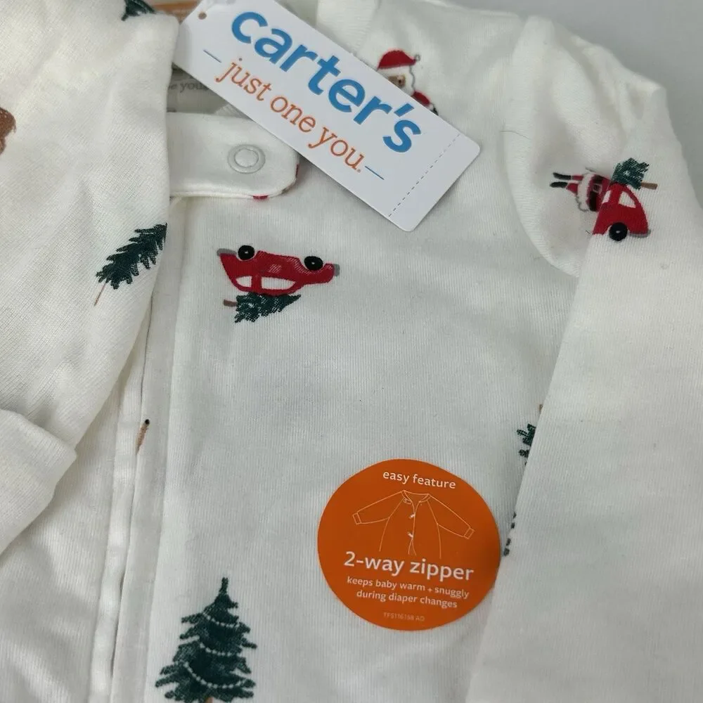 Carter’s Christmas Footed Pajamas Size 9M Set Hat Lot Santa Claus 2 Way Zipper